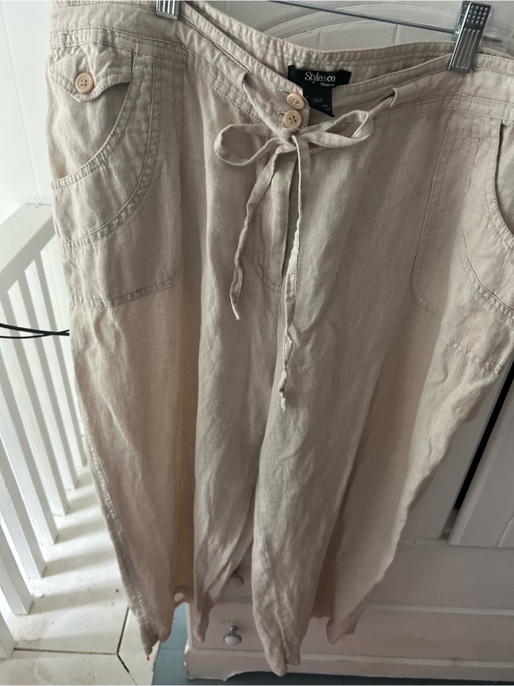 VGUC STYLE & Co Beige Drawstring Linen-Blend Flare Pants, Pockets, Zipper Front